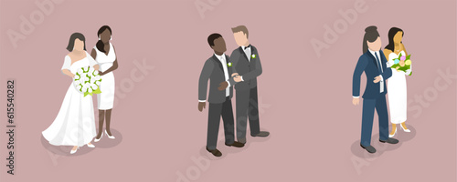 3D Isometric Flat Vector Conceptual Illustration of LGBTQ Marriage, Homosexual Non-traditional Families