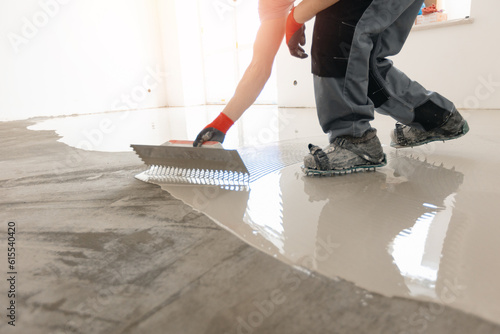 Quadro su tela Screed concrete with self leveling cement mortar for floors