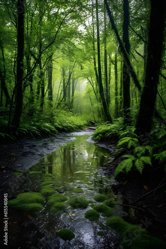 Lush forest after a night of rain. Generative AI