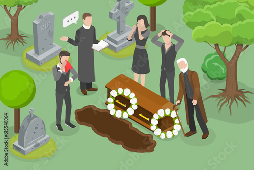 3D Isometric Flat Vector Conceptual Illustration of Funeral Ceremony, Priest Holding Funeral Service