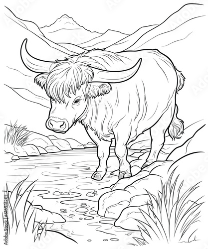 Highland Cow was drinking water from a river coloring page