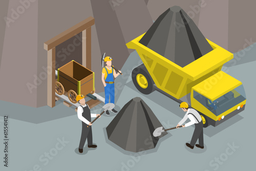 3D Isometric Flat Vector Conceptual Illustration of Coal Mining, Extraction Industry