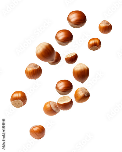 Falling whole hazelnuts isolated on transparent or white background, png