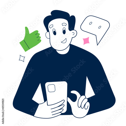 Customer leaves positive feedback, person writes a good review on social media using smartphone app, satisfied client rating, abstract concept, vector illustration. leave you opinion, user experience