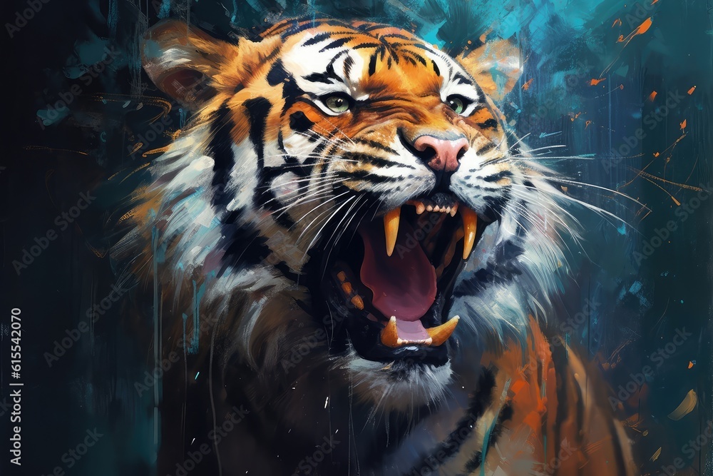 Tiger's head with vibrant splashes of colors. It creates a sense of movement and liveliness, reflecting the tiger's untamed spirit.