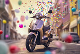 Modern motorcycle on the festive background with air balloons. Super photo realistic background. Generative ai illustration