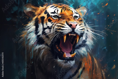 Tiger's head with vibrant splashes of colors. It creates a sense of movement and liveliness, reflecting the tiger's untamed spirit.