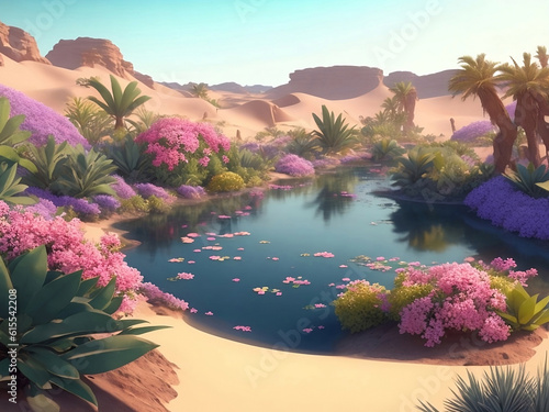 Beautiful oasis in desert  Generative AI Illustration.
