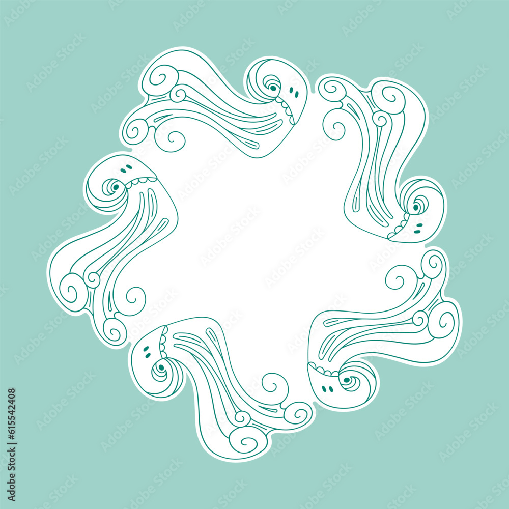 Fototapeta premium Octopus frame banner with empty space. Cute round octopus frame. Border with octopus in doodle style. Place for your text. Vector illustration.