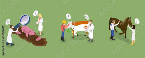 3D Isometric Flat Vector Conceptual Illustration of Farm Veterinary Doctor, Health Check