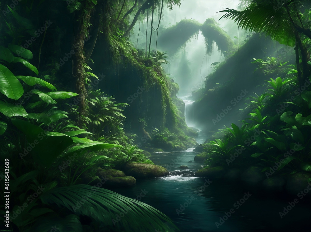 Green plants with river, Generative AI Illustration. Green plants with river, Generative AI Illustration.