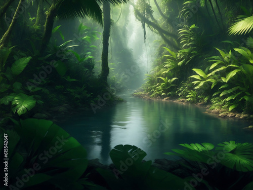 Green plants with river  Generative AI Illustration.