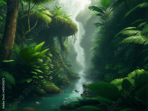 Green plants with river, Generative AI Illustration.