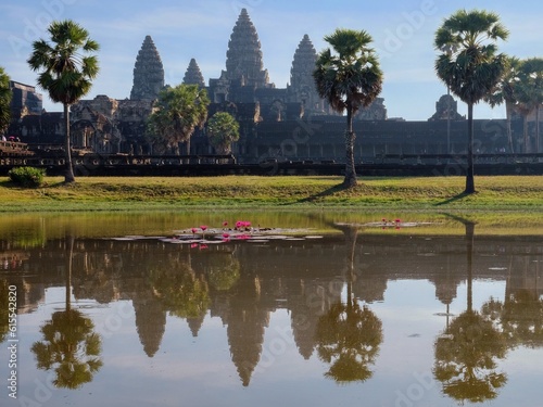 A pond with blooming lotus flowers near the famous Khmer temple of Angkor Wat.