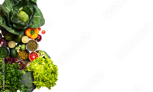 Organic colorful vegetables on isolated png background farming and healthy food copy space flat lay presentation frame