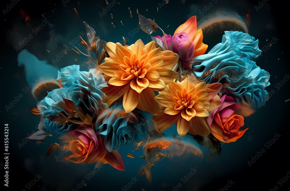 Many colorful flowers against blue background, in the style of graflex speed graphic, organic nature Many colorful flowers against blue background, in the style of graflex speed graphic, organic nature