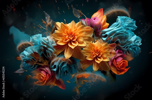 Many colorful flowers against blue background, in the style of graflex speed graphic, organic nature