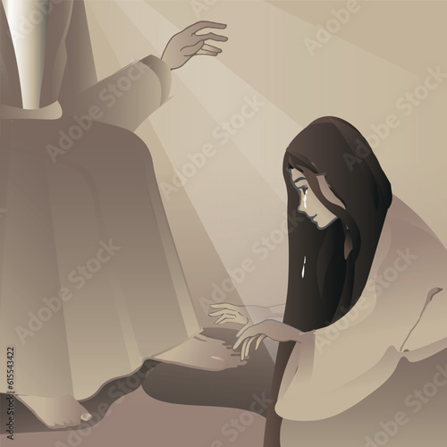 The woman washed Jesus' feet with her tears. Vector cartoon Bible. Illustration for Bible stories.  Gospel story. New Testament. Matthew 26:6–13, Mark 14:3–9; Luke 7:36–50; John 12:1–8.  photo