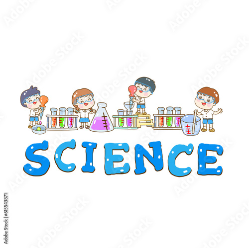 Cartoon kids learning science classroom.

