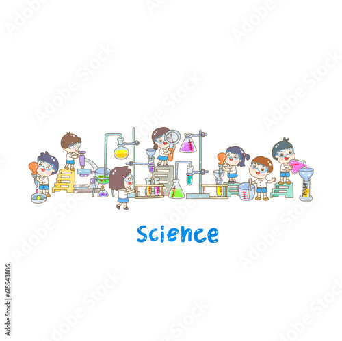 Cartoon kids learning science classroom.

