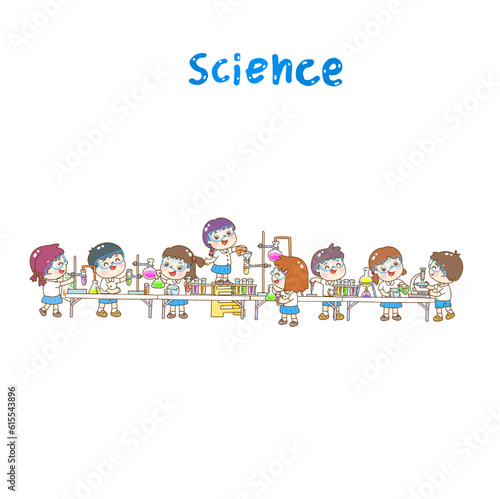 Cartoon kids learning science classroom.