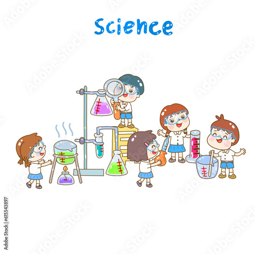Cartoon kids learning science classroom.

