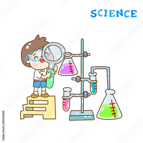 Cartoon kids learning science classroom.

