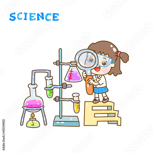 Cartoon kids learning science classroom.

