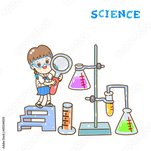 Cartoon kids learning science classroom.

