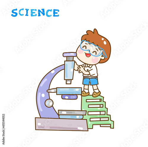 Cartoon kids learning science classroom.

