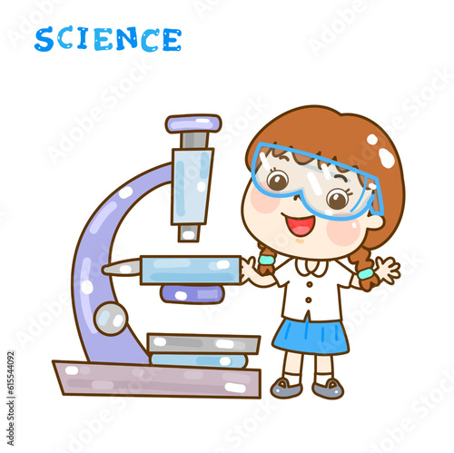 Cartoon kids learning science classroom.

