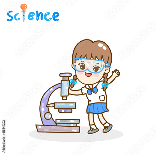 Cartoon kids learning science classroom.