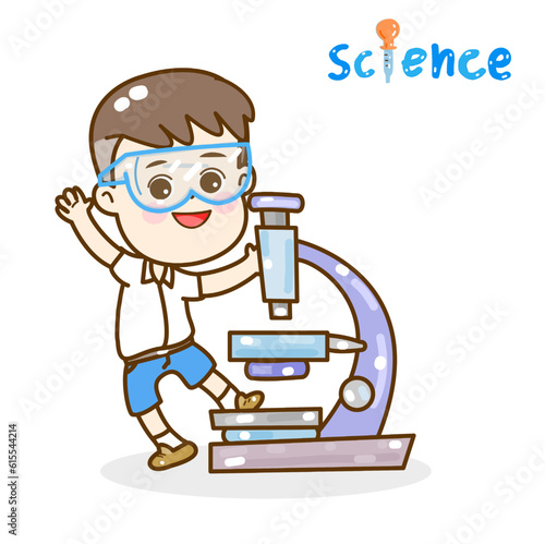 Cartoon kids learning science classroom.