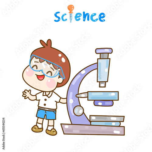 Cartoon kids learning science classroom.