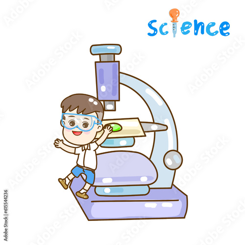 Cartoon kids learning science classroom.