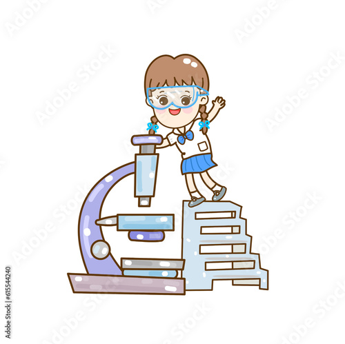Cartoon kids learning science classroom.