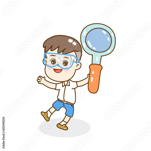 Cartoon kids learning science classroom.