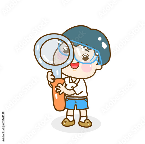 Cartoon kids learning science classroom.