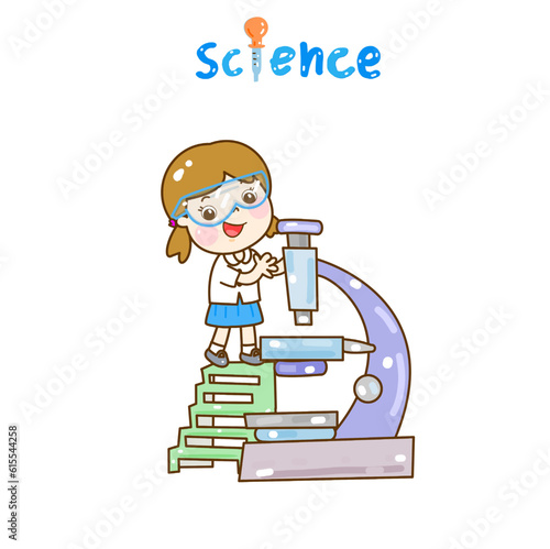 Cartoon kids learning science classroom.