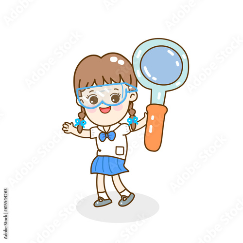 Cartoon kids learning science classroom.