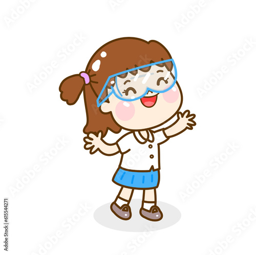 Cartoon kids learning science classroom.
