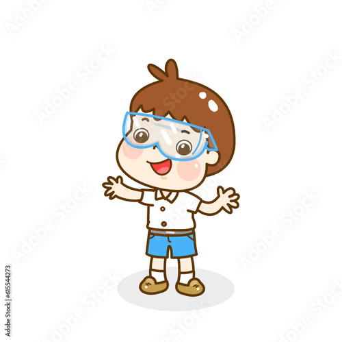 Cartoon kids learning science classroom.
