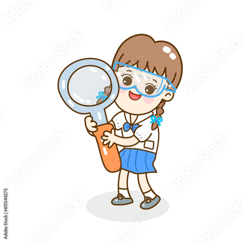 Cartoon kids learning science classroom.