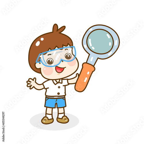 Cartoon kids learning science classroom.
