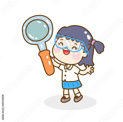 Cartoon kids learning science classroom.