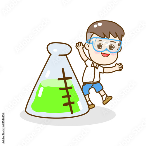 Cartoon kids learning science classroom.