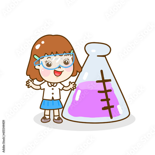 Cartoon kids learning science classroom.