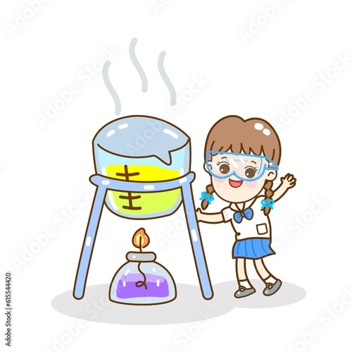 Cartoon kids learning science classroom.