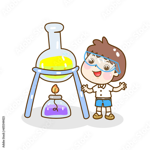 Cartoon kids learning science classroom.
