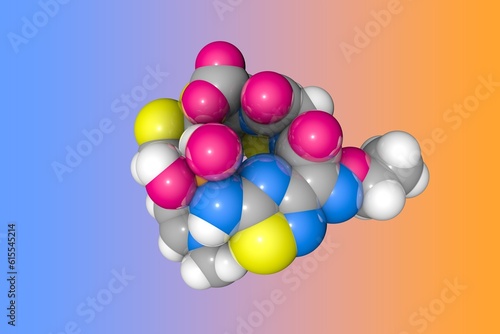 Ceftaroline fosamil. Atoms are shown as spheres with conventional color coding: carbon (grey), oxygen (red), hydrogen (white), nitrogen (blue), sulfur (yellow), phosphorus (orange). 3d illustration © Maryna Olyak